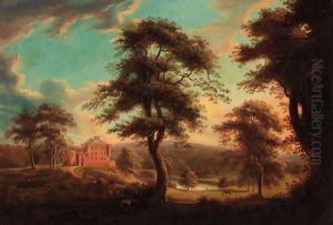 Huntsmen resting before a fortified house in a wooded river landscape