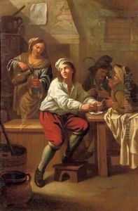 Peasants drinking and smoking in an interior by Jan Baptiste Nollekens