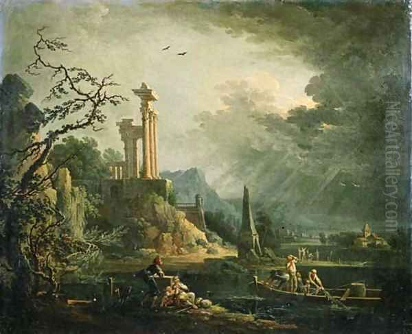 Evening a cappriccio of a Mediterranean coastal landscape with fishermen hauling in their nets, as a storm approaches - view 1
