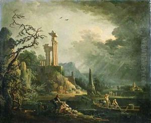 Evening a cappriccio of a Mediterranean coastal landscape with fishermen hauling in their nets, as a storm approaches