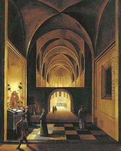 The interior of a church by night, with elegant company and priests at a decorated altar in a side chapel by Peeter, the Younger Neeffs
