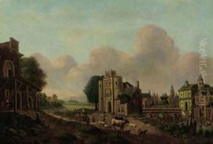 A view of a town on a river with shepherds and travellers in the foreground by Pieter Frans de Noter