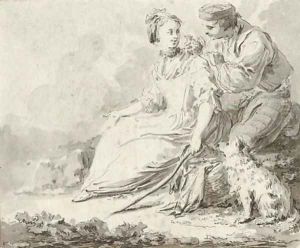 A shepherdess with a bird seller and a dog by Pietro Antonio Novelli