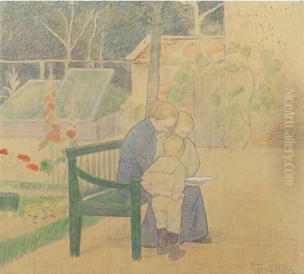 Johanne Hart Nibbrig-Moltzer and her sons Pieter Jacobus (1896) and Christiaan (1899) in the garden of their house 'Olmenhove' in Lar - view 1