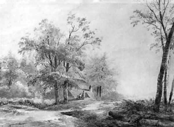 A wooded landscape with peasants resting near a barn - view 1