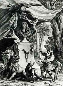Allegorical portrait of Jean de La Fontaine 1621-95 surrounded by animals from his fables by Jean-Baptiste Oudry