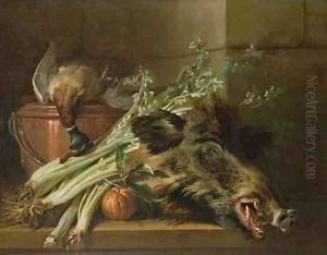 A Dead Mallard, a Boars Head, Celery and a Copper Pot on a Ledge by Jean-Baptiste Oudry