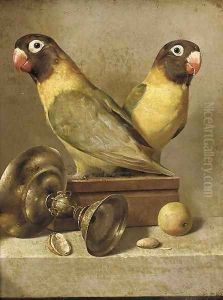 Two parrots, a silver goblet, and apple and an almond on a table Two parrots, a silver goblet, and apple and an almond on a table