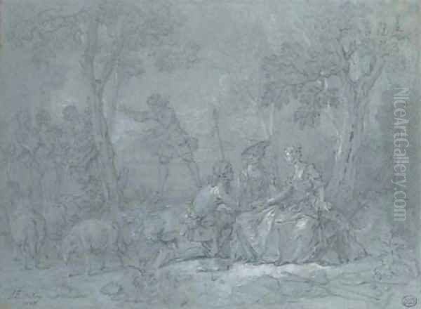 Figures playing the game of Le pied de boeuf in the foreground and Colin-maillard in the background - view 1