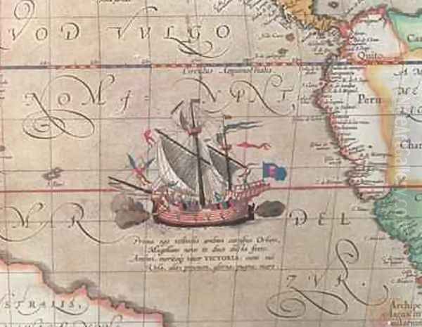 A sailing ship firing its cannon, detail from a map of the Pacific, China and America, 1599 - view 1