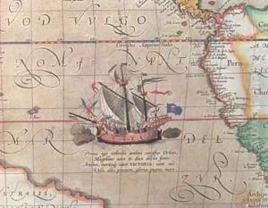 A sailing ship firing its cannon, detail from a map of the Pacific, China and America, 1599 by Abraham Ortelius