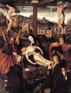 Crucifixion with Donors and Saints by Jacob Cornelisz Van Oostsanen