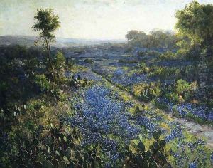 Field of Texas Bluebonnets and Prickly Pear Cacti by Julian Onderdonk