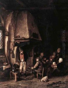 Interior of a Farmhouse with Skaters by Adriaen Jansz. Van Ostade