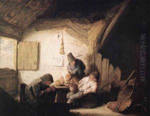 Village Tavern with Four Figures by Adriaen Jansz. Van Ostade