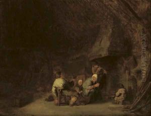 A peasant family by a fireplace in a barn by Adriaen Jansz. Van Ostade