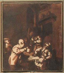 An interior with a family at a table, another figure at the door by Adriaen Jansz. Van Ostade