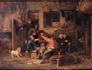 Boors fighting over a game of cards in a barn by Adriaen Jansz. Van Ostade