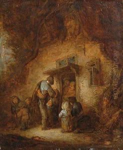 A hurdy-gurdy player with children at a cottage door by Adriaen Jansz. Van Ostade