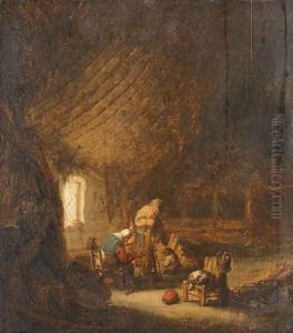 A peasant Family in a Barn with an old Woman spinning by Adriaen Jansz. Van Ostade