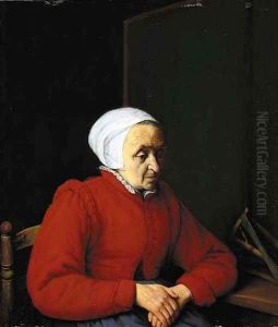 An elderly lady in a red coat, by a table with a distaff
