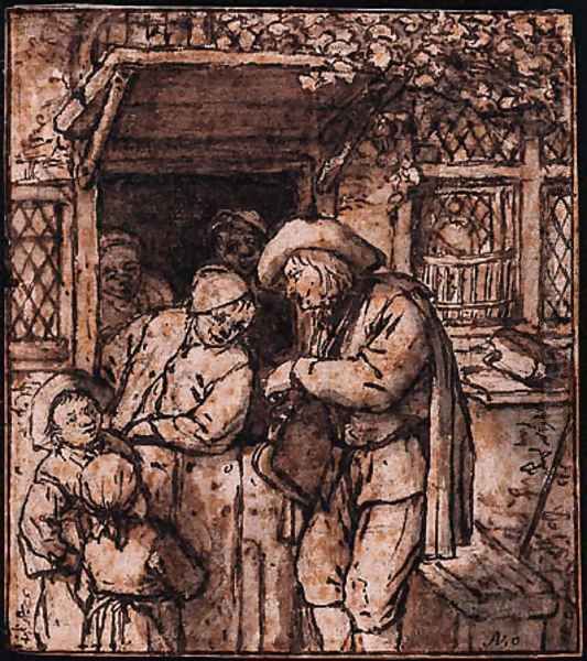 A Hurdy-Gurdy Player at the Door of a House, men and children listening on - view 1