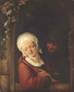 An amorous couple at a cottage door by Adriaen Jansz. Van Ostade