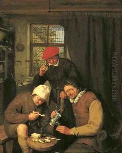 De Drinker Three boors drinking and smoking in a spirit house by Adriaen Jansz. Van Ostade