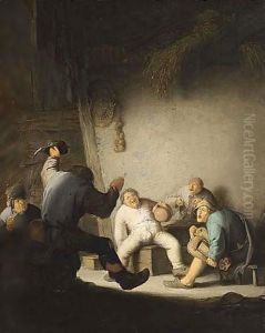 Peasants Drinking and Making Music in a Barn