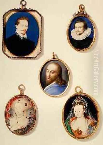 Miniatures from LtoR TtoB Sir Arundel Talbot Unknown Man Head of Christ Anne of Denmark 1574-1619 Lady in Masque Costume by Isaac Oliver