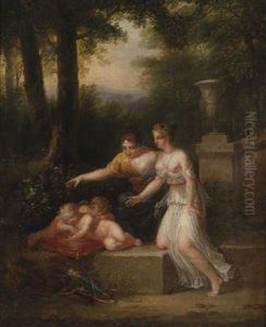Two Nymphs And Sleeping Putti In A Park Landscape by Angelica Kauffmann