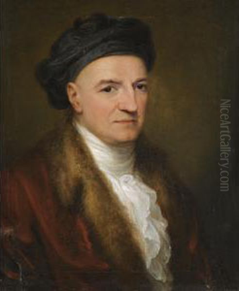 Portrait Of Giovanni Volpato
(1735-1803), Half Length, Wearing A Red Fur-lined Jacket And Black Hat - view 1