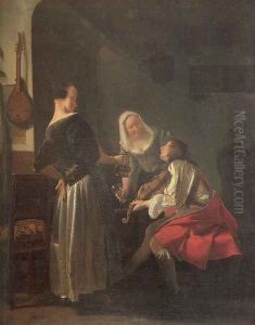 Violinist and Two Serving Women 1663-65 by Jacob Ochtervelt