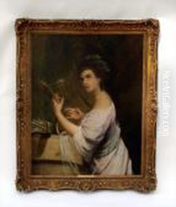 Portrait Of A Lady Playing A Harp In Carved Antique Gilt Frame by Angelica Kauffmann