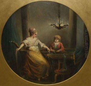 Interior Scene With Woman And Young Child Working At A Loom
