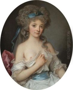 Portrait Of A Young Lady, 
Half-length, Wearing A White Dress With Ablue Ribbon In Her Hair by Angelica Kauffmann