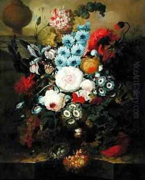 Carnations, Morning Glory, Roses, Auriculas, Hyacinth and Other Flowers with a Birds Nest on a Marble Ledge - view 1