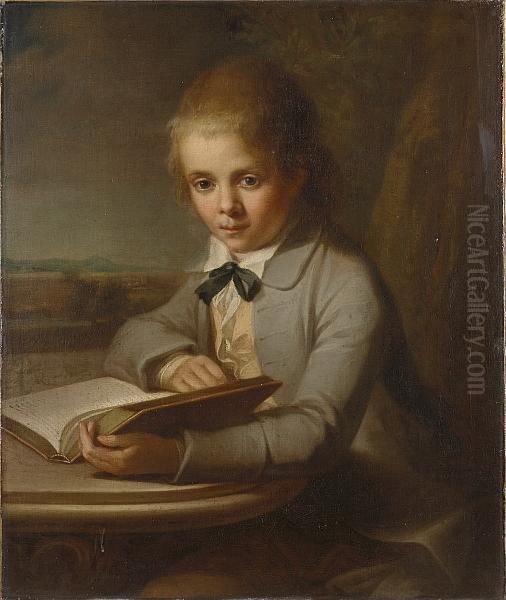 Portrait Of George Brodrick, 4th
Viscount Midleton, Aged 12, Half-length, In A Grey Coat And Yellow
Waistcoat, Holding An Open Book At A Table, A Landscape With A View Of
Peper Harow, Near Godalming, Surrey, Beyond - view 1