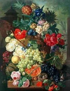 Mixed Flowers and Pineapples in an Urn with a Bird's Nest and a Cat