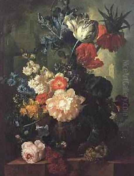 Roses, Tulips, Carnations and other flowers in a sculptured urn - view 1