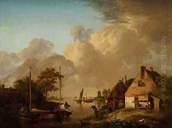 River landscape with village, barges and peasants - view 1