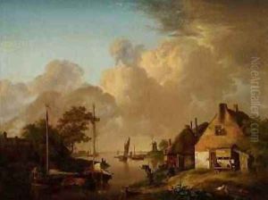 River landscape with village, barges and peasants