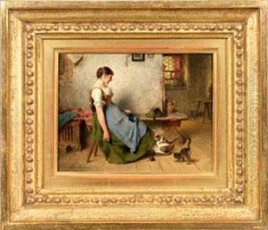 Madel Mit Katzen Spielend