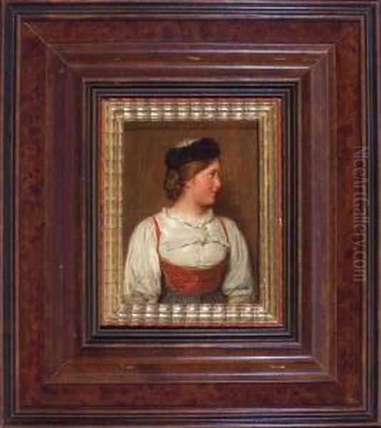 Portrait Eines Jungen Dirndls Mit Pelzbesetzter Trachtenhaube, Bruststuck Nach Rechts - view 1