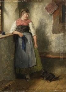 Dirndl Mit Dackel Am
 Fenster.