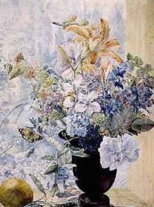 Vase of mixed flowers in a window