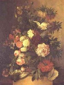 Peonies, roses and other flowers in an urn