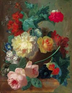 Roses, a poppy, bougainvillea, peonies, morning glory, primulas and a coxcomb in a terracotta vase with a bird's nest on a marble ledge