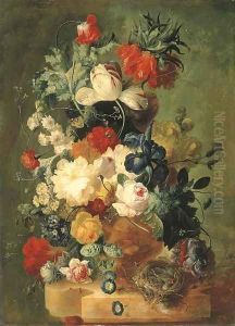 Pink and yellow roses, peonies, an iris, tulips, primulas, hyacinths, a poppy, a coxcomb, fritillaries and other flowers in a sculpted urn with a bird