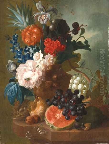 A peony, an iris, a pineapple, blackberries, narcissi and other flowers in a terracotta vase, with a bird's nest, a mouse, a melon, grapes and walnuts - view 1
